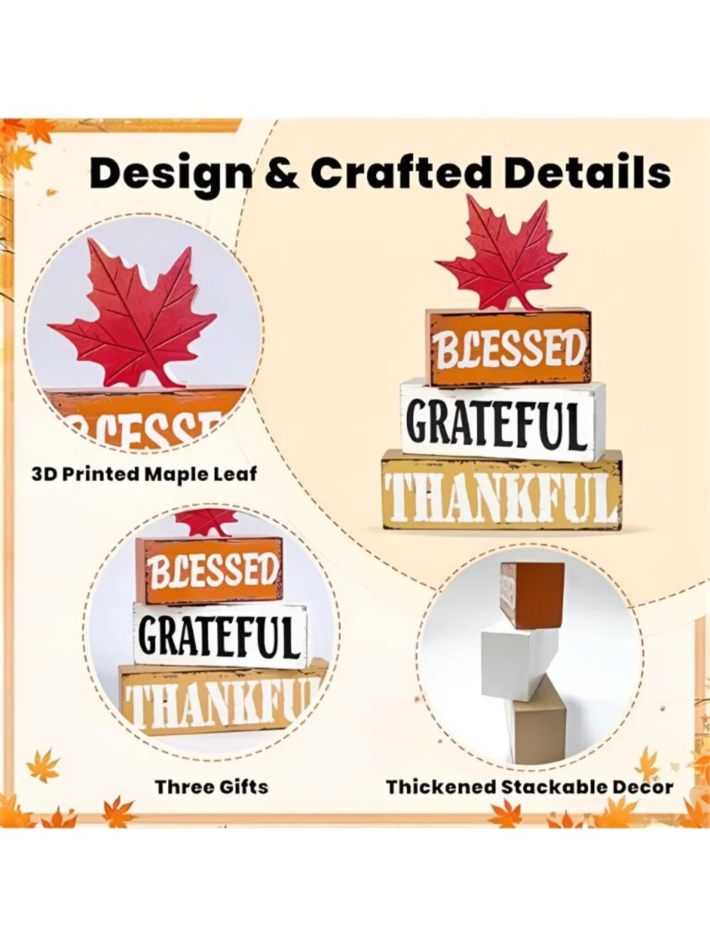 Thanksgiving Fall Decorations for Home, 4 PCS Wooden Fall Table Decor
